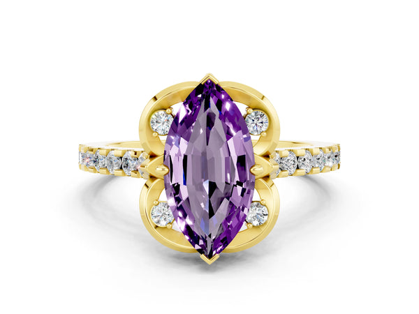 Yellow gold Marquise Cut Amethyst Ring with Pavé Band and Floral Prong Setting