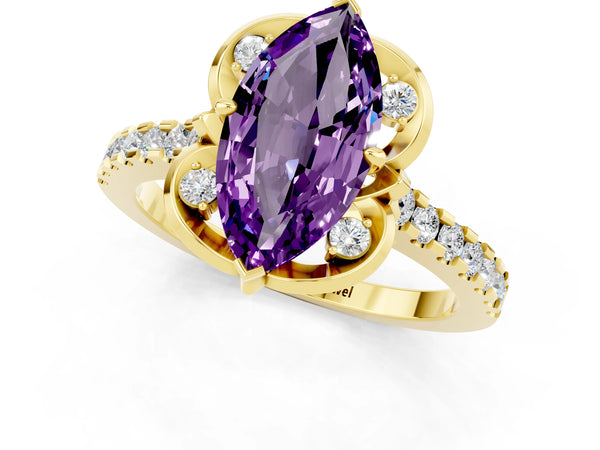 Yellow gold Marquise Cut Amethyst Ring with Pavé Band and Floral Prong Setting
