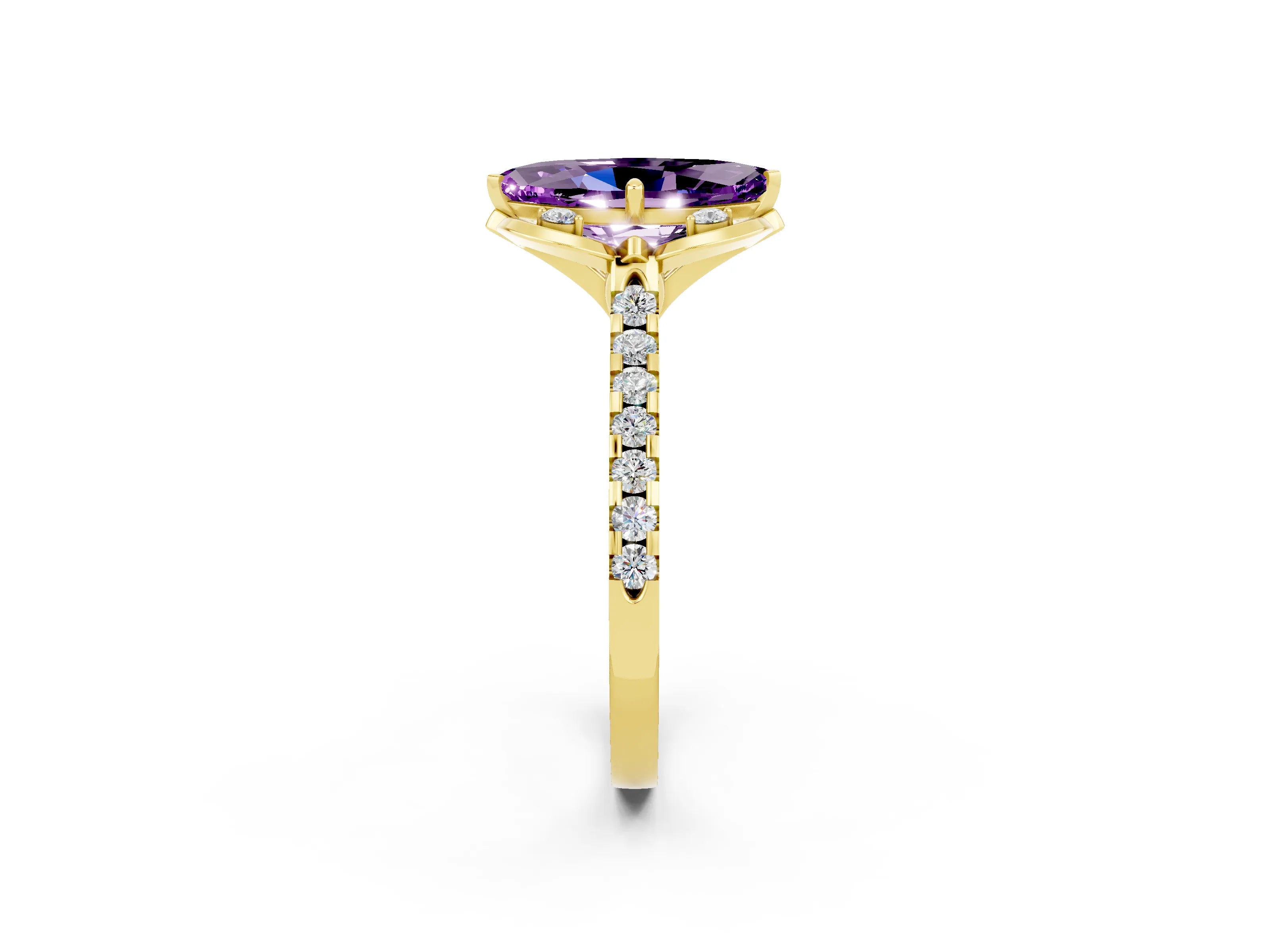 Yellow gold Marquise Cut Amethyst Ring with Pavé Band and Floral Prong Setting_2