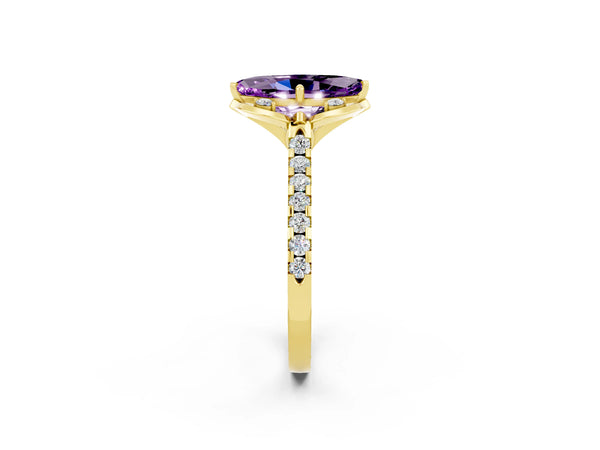 Yellow gold Marquise Cut Amethyst Ring with Pavé Band and Floral Prong Setting