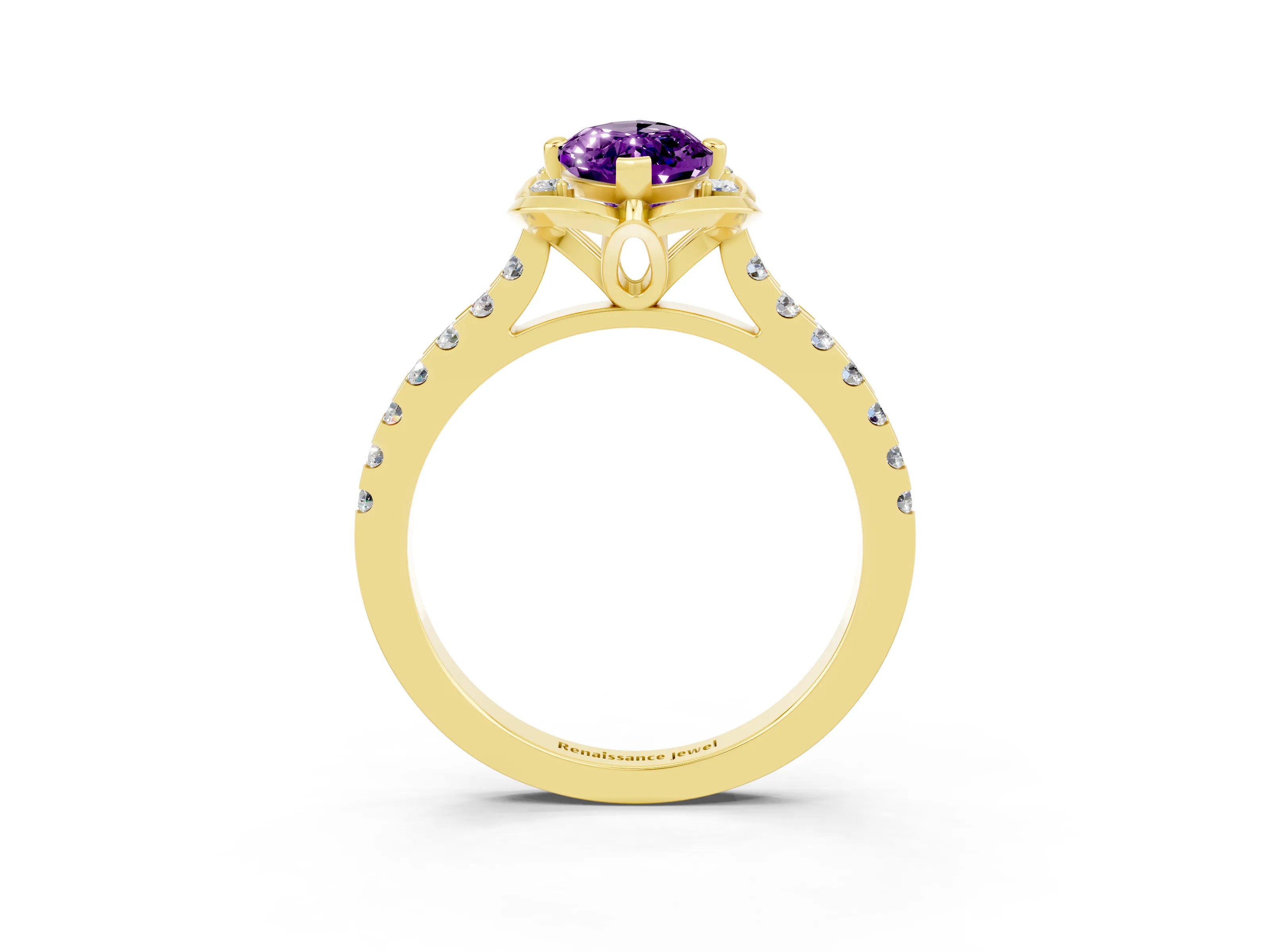 Yellow gold Marquise Cut Amethyst Ring with Pavé Band and Floral Prong Setting_3