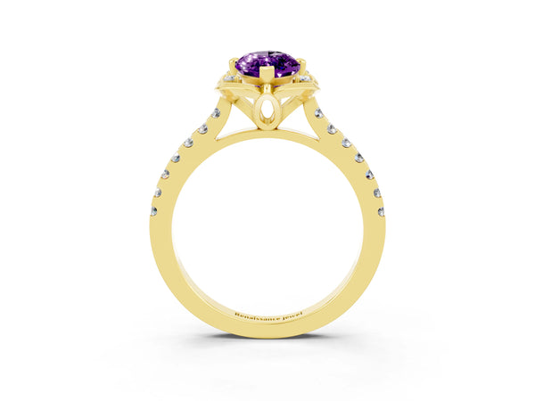 Yellow gold Marquise Cut Amethyst Ring with Pavé Band and Floral Prong Setting