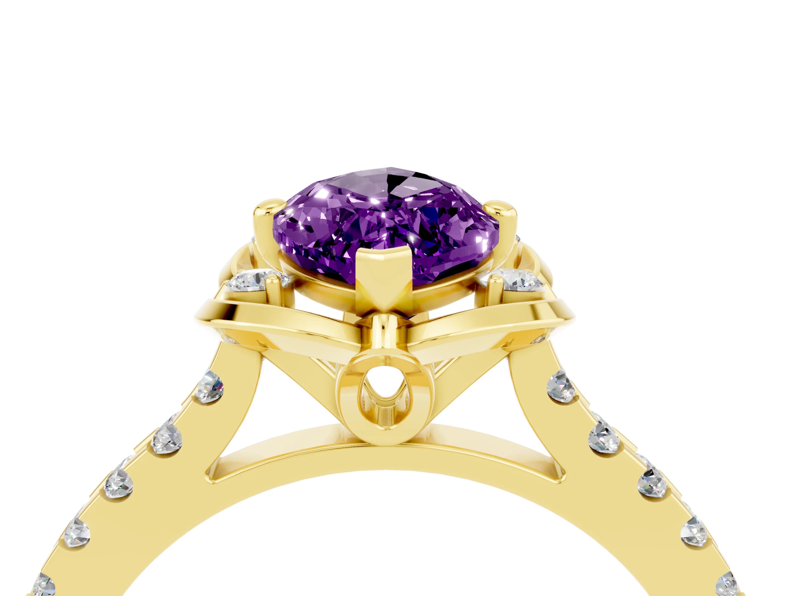 Yellow gold Marquise Cut Amethyst Ring with Pavé Band and Floral Prong Setting_4