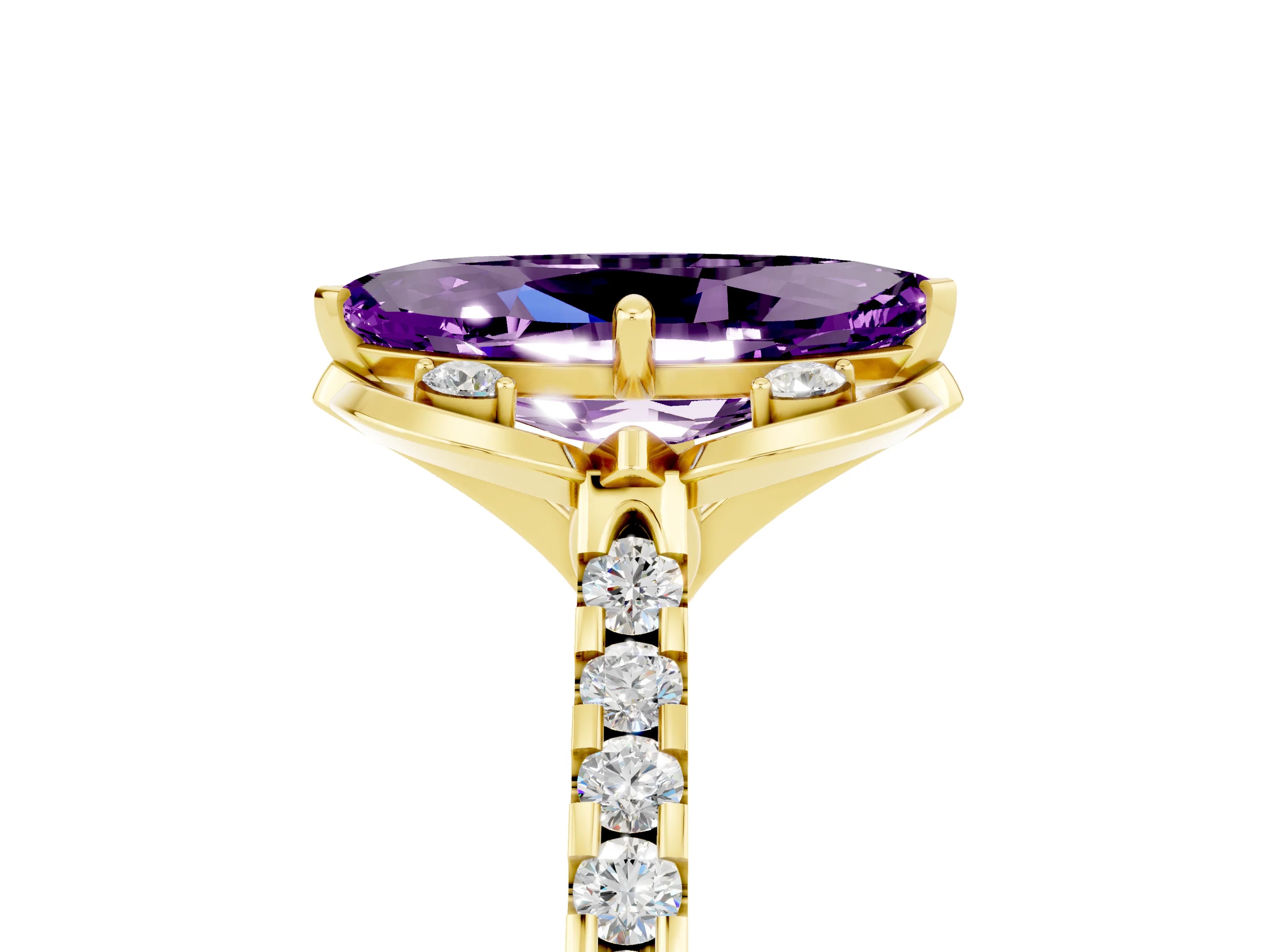 Yellow gold Marquise Cut Amethyst Ring with Pavé Band and Floral Prong Setting_5