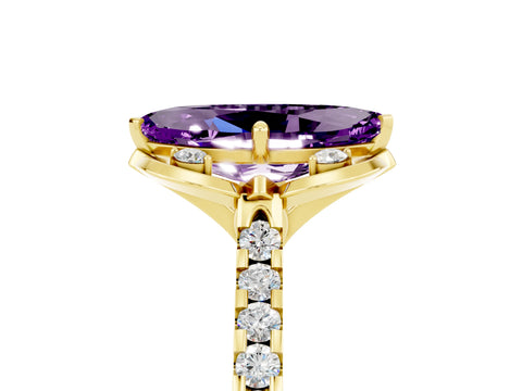 Yellow gold Marquise Cut Amethyst Ring with Pavé Band and Floral Prong Setting_5