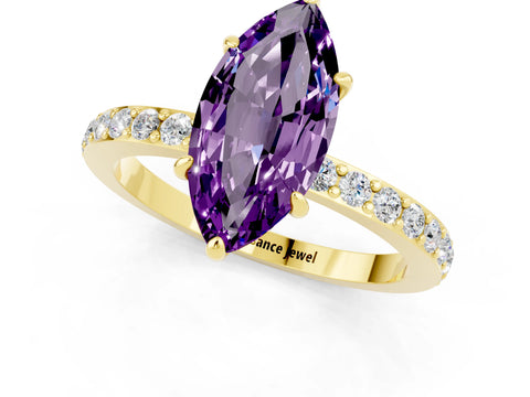 Yellow gold Marquise Cut Amethyst Ring with Pavé Band and Four-Prong Setting_1