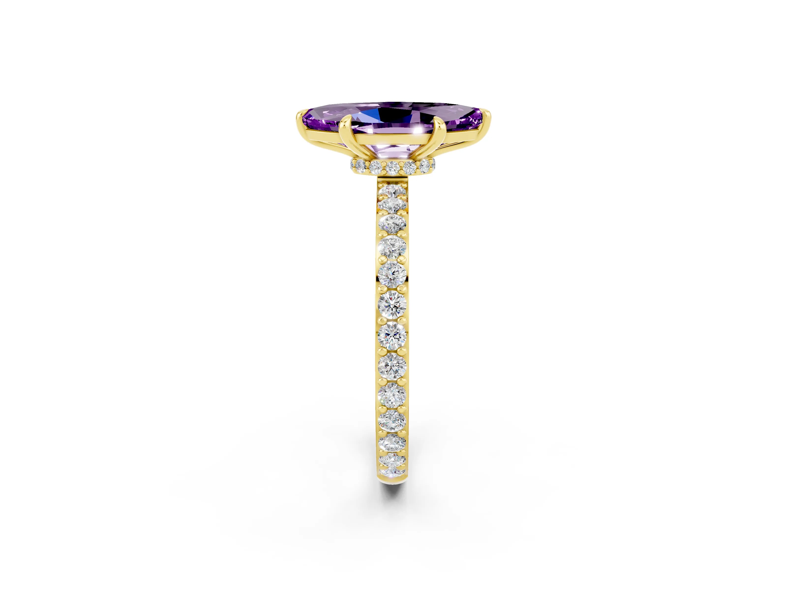 Yellow gold Marquise Cut Amethyst Ring with Pavé Band and Four-Prong Setting_2