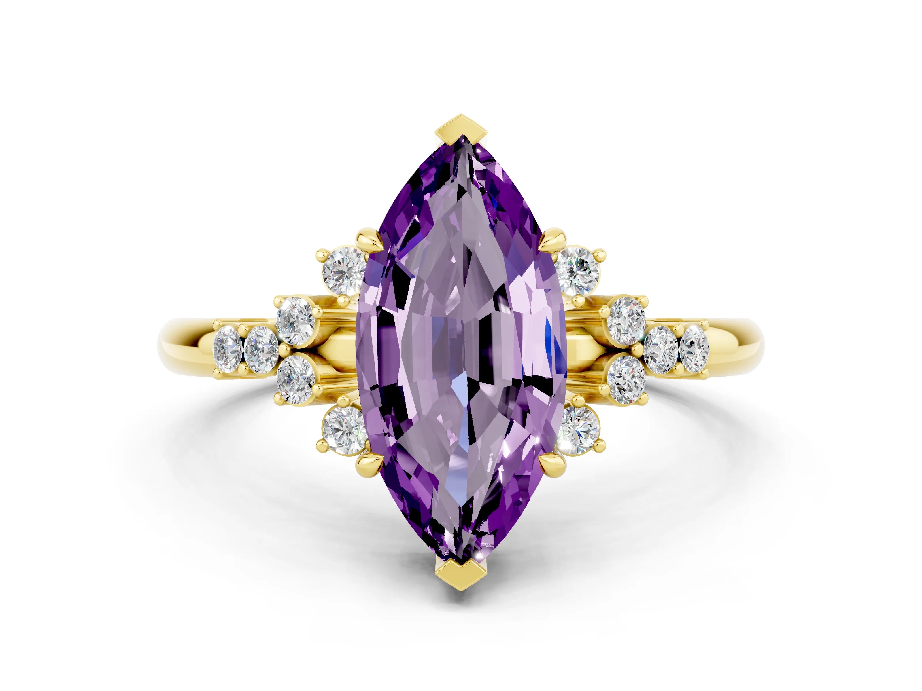 Yellow gold Marquise Cut Amethyst Ring with Side Stones and Four-Prong Setting_36