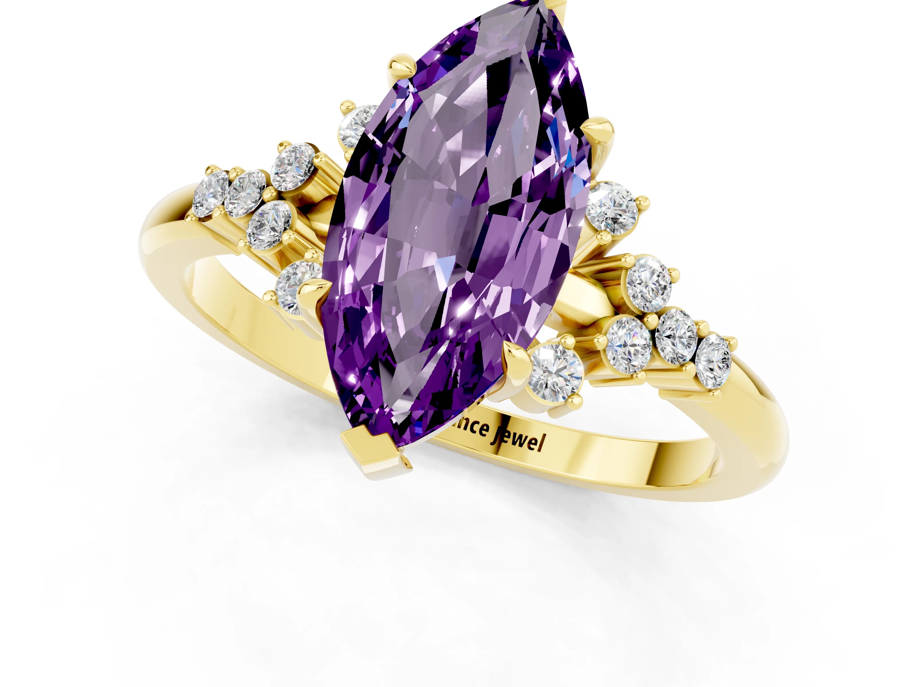 Yellow gold Marquise Cut Amethyst Ring with Side Stones and Four-Prong Setting_37