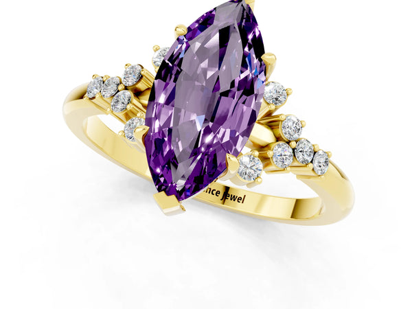 Yellow gold Marquise Cut Amethyst Ring with Side Stones and Four-Prong Setting