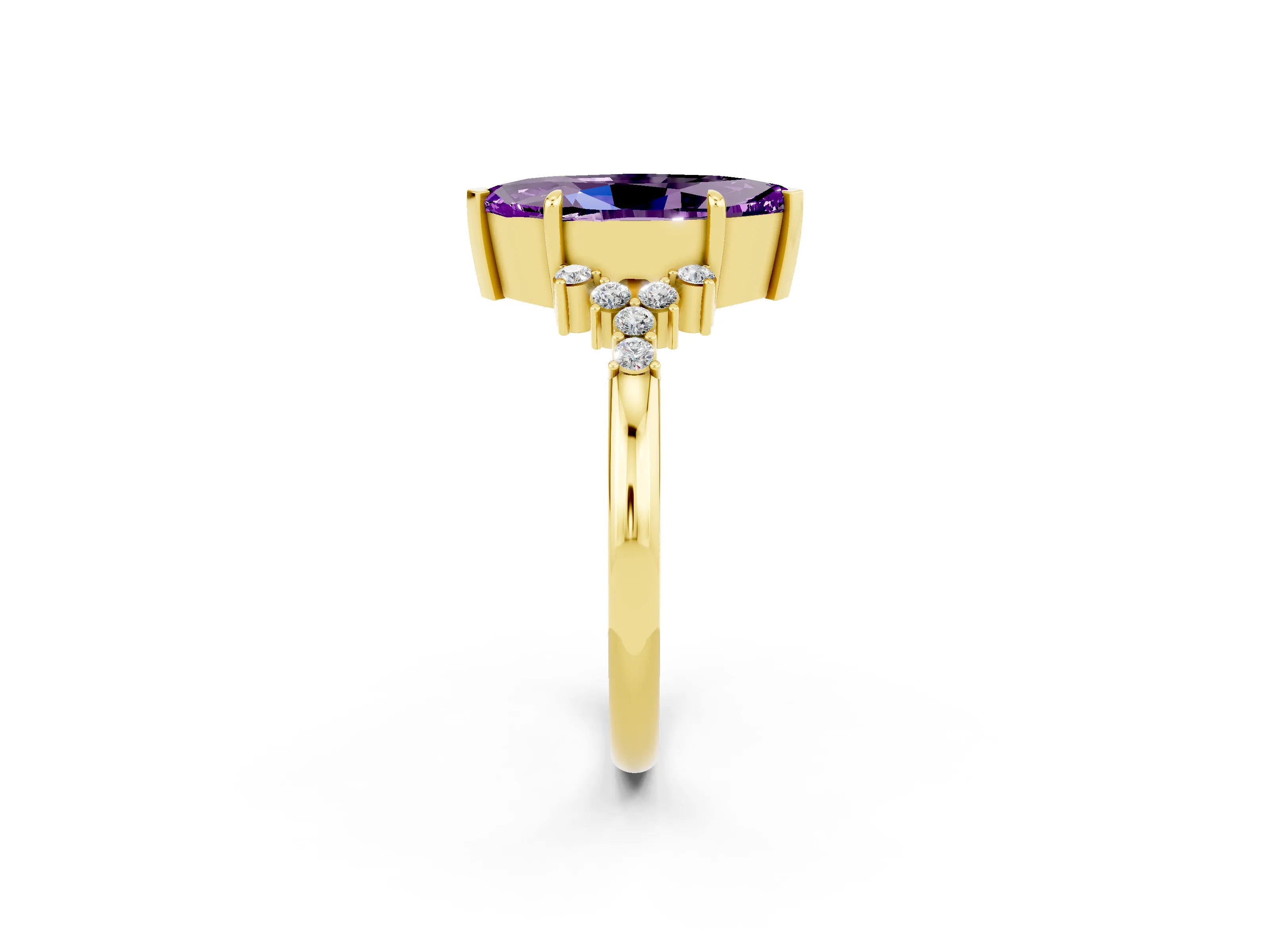 Yellow gold Marquise Cut Amethyst Ring with Side Stones and Four-Prong Setting_38