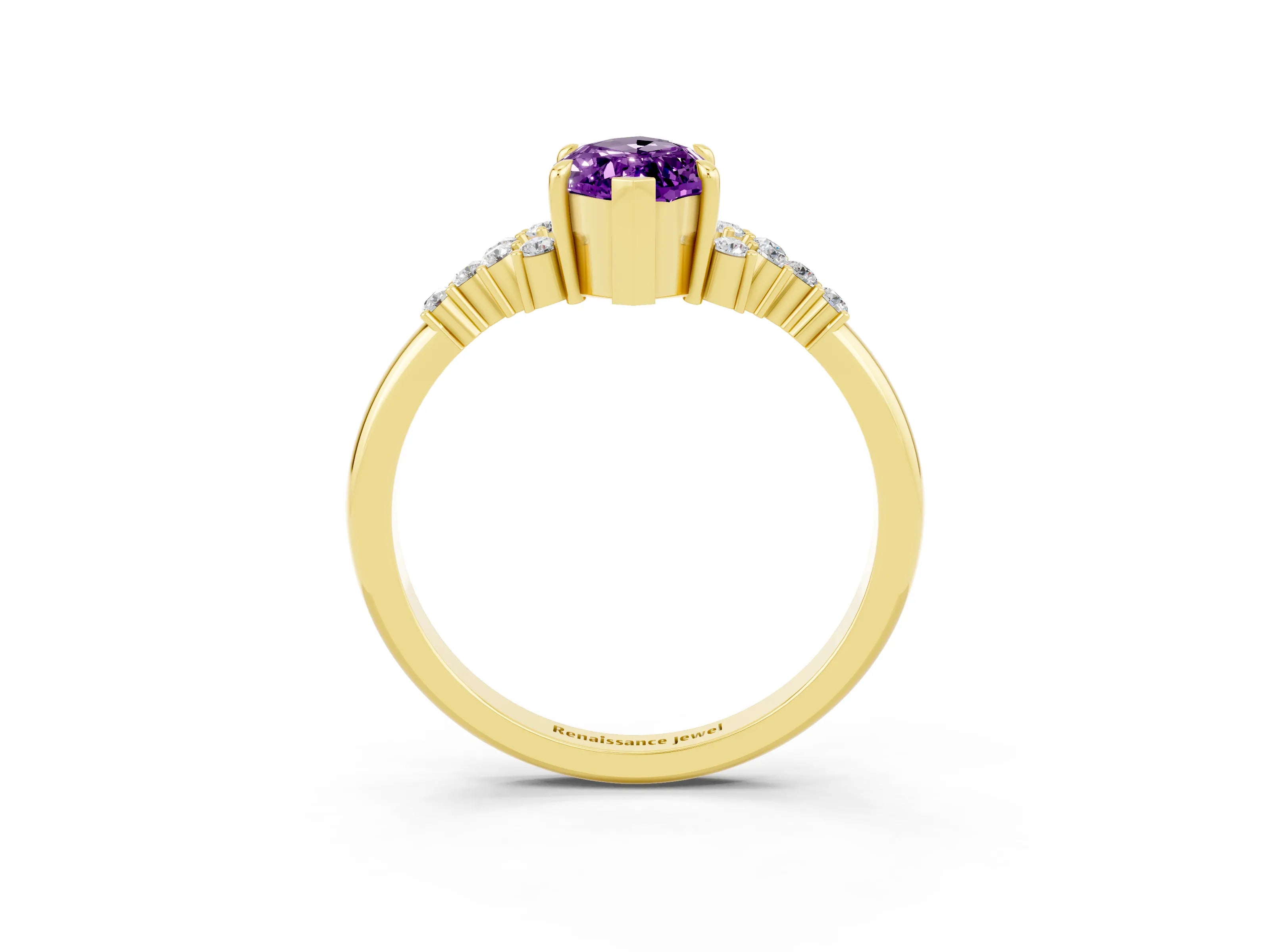Yellow gold Marquise Cut Amethyst Ring with Side Stones and Four-Prong Setting_39