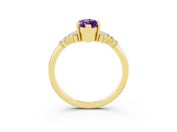 Yellow gold Marquise Cut Amethyst Ring with Side Stones and Four-Prong Setting