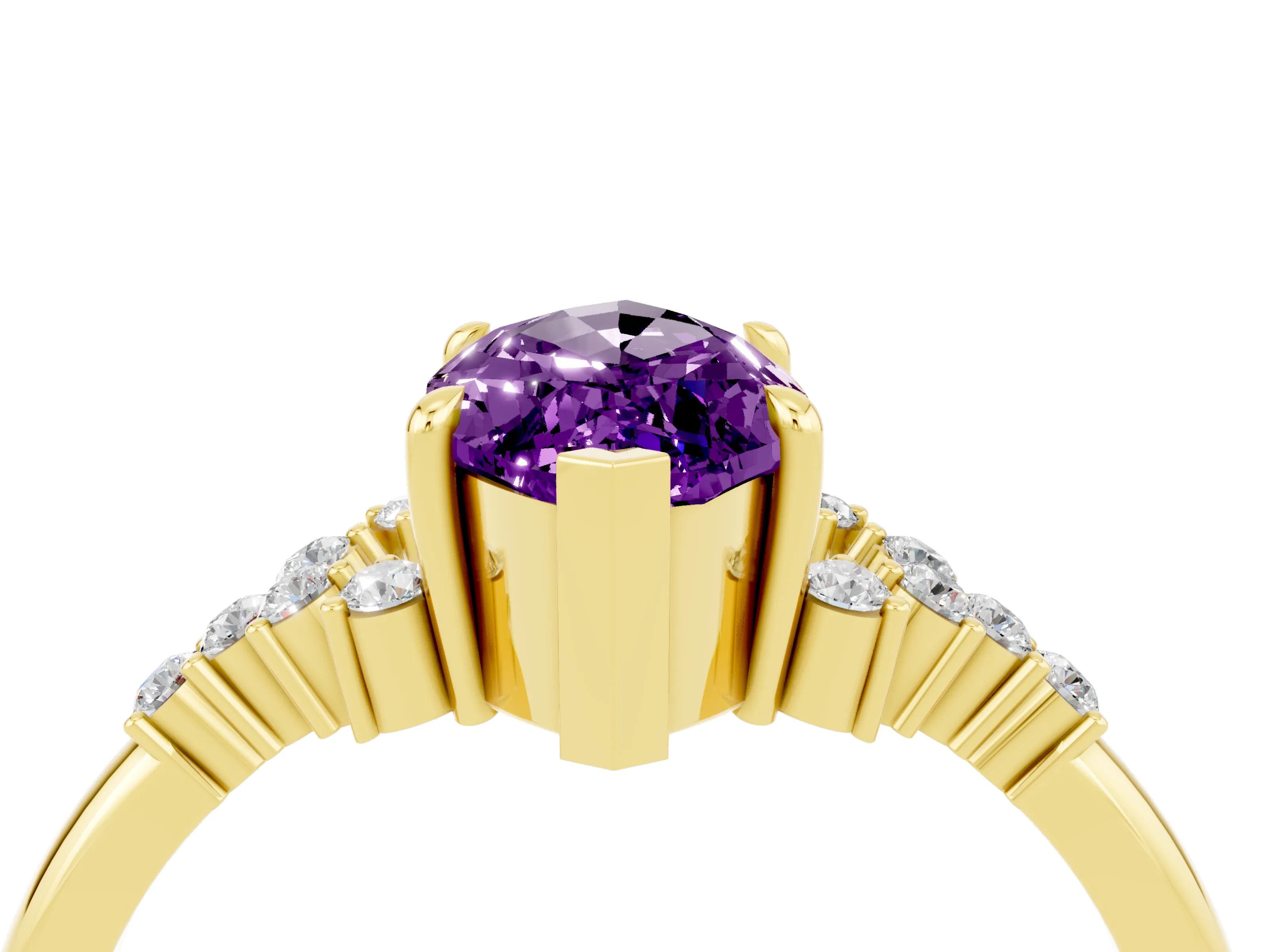Yellow gold Marquise Cut Amethyst Ring with Side Stones and Four-Prong Setting_40