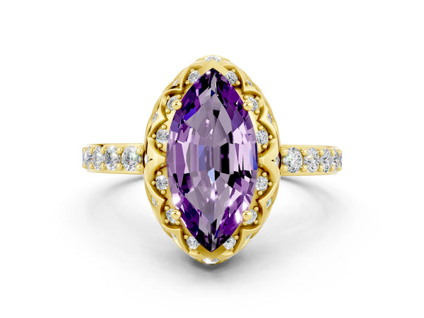 Yellow gold Marquise Cut Amethyst Scalloped Halo Engagement Ring with Round Shared Prong Band
