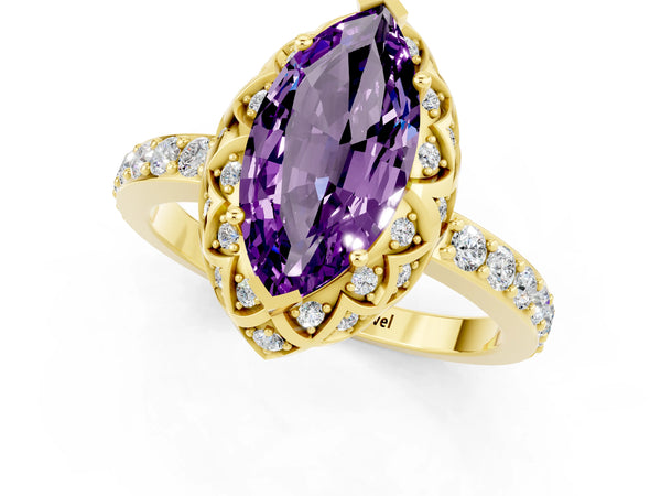 Yellow gold Marquise Cut Amethyst Scalloped Halo Engagement Ring with Round Shared Prong Band