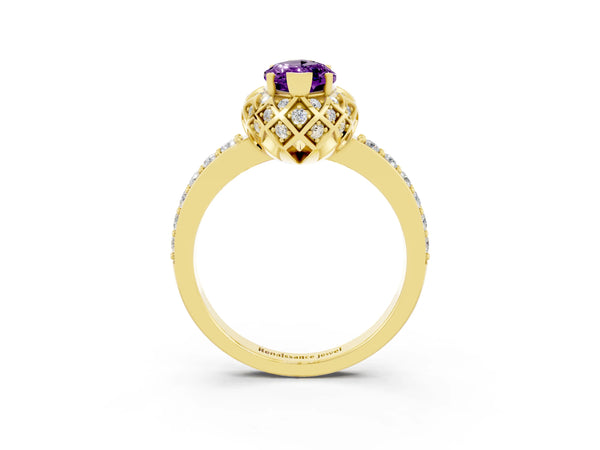 Yellow gold Marquise Cut Amethyst Scalloped Halo Engagement Ring with Round Shared Prong Band