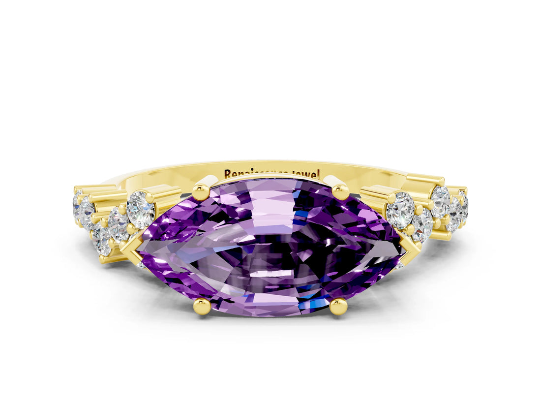 Yellow gold Marquise Cut Amethyst Scattered Round Accent Ring with Prong Setting_12