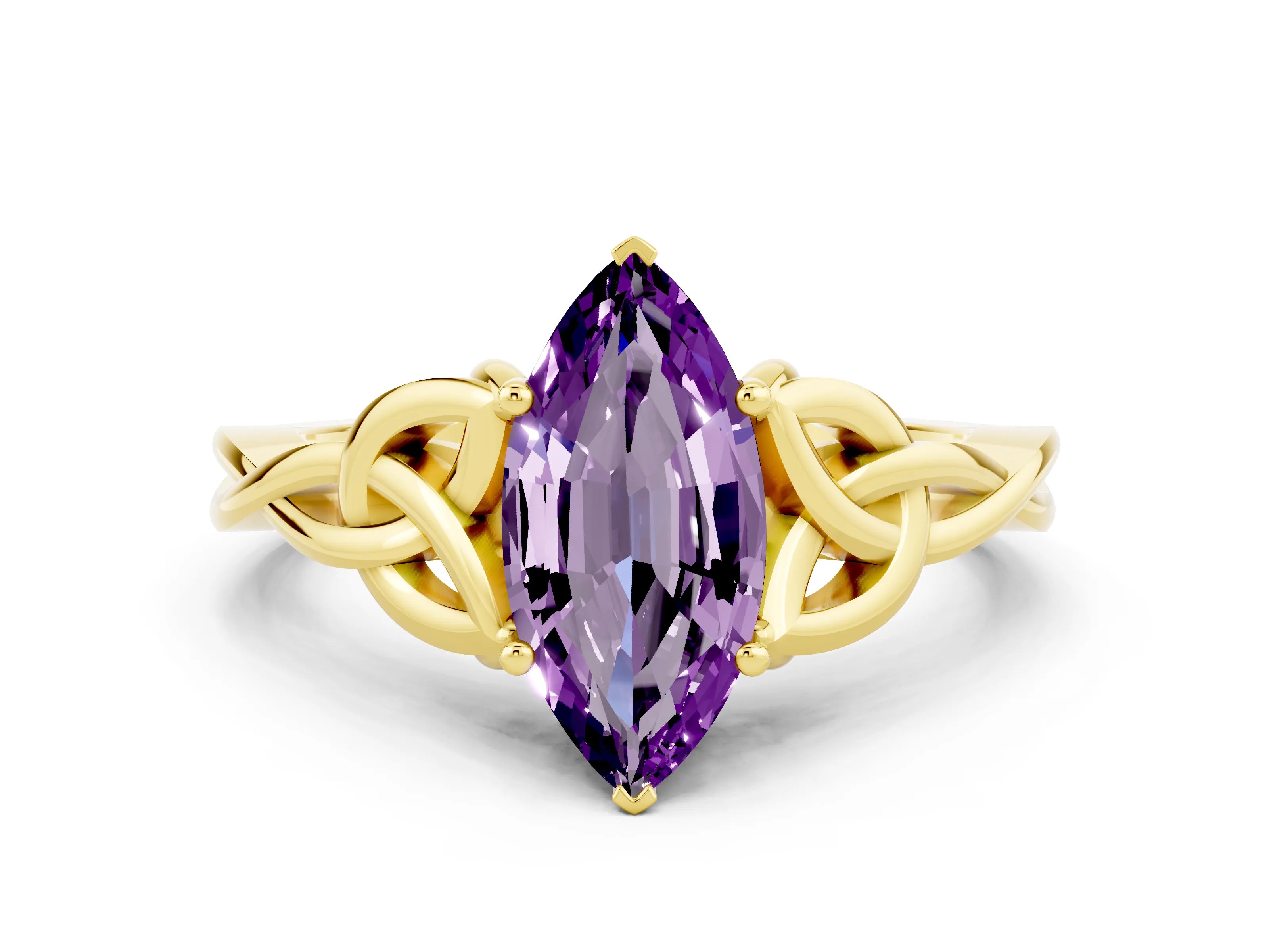 Yellow gold Marquise Cut Amethyst Solitaire Celtic Knot Ring with Four-Prong Setting_12