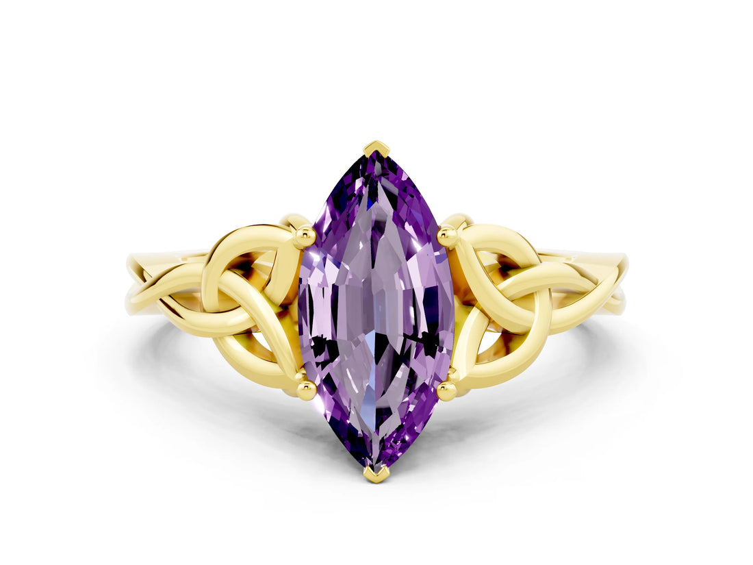 Yellow gold Marquise Cut Amethyst Solitaire Celtic Knot Ring with Four-Prong Setting_12