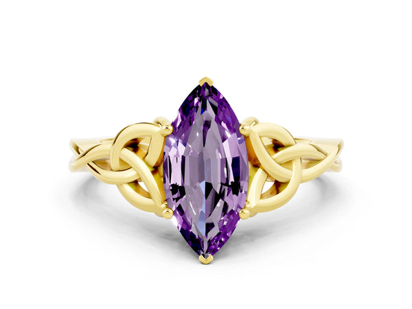 Yellow gold Marquise Cut Amethyst Solitaire Celtic Knot Ring with Four-Prong Setting