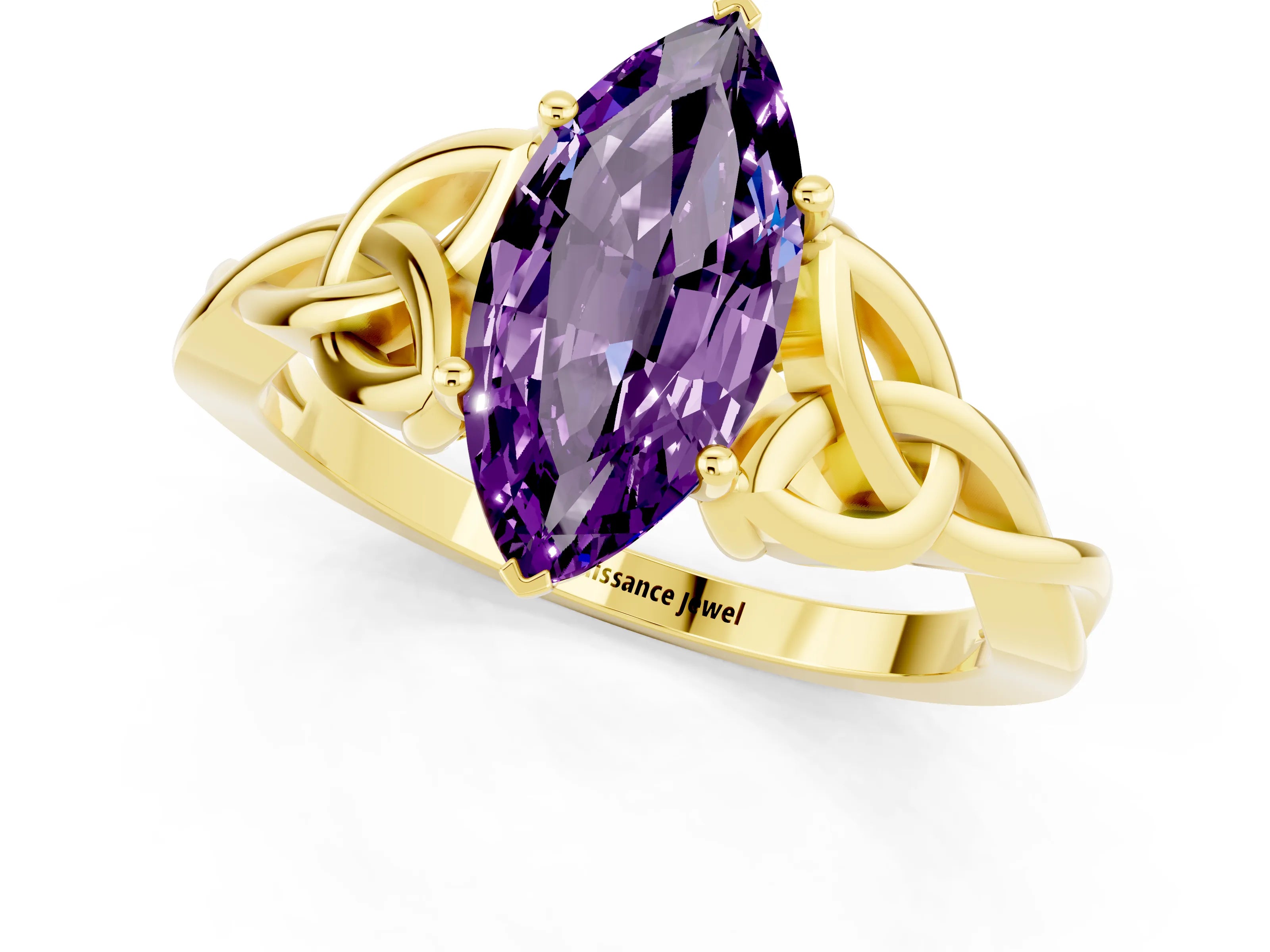Yellow gold Marquise Cut Amethyst Solitaire Celtic Knot Ring with Four-Prong Setting_13