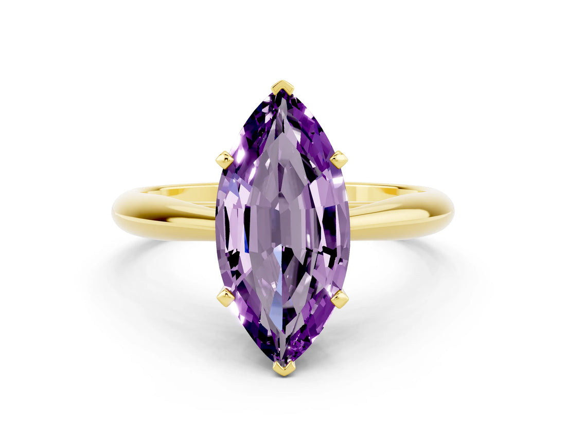 Yellow gold Marquise Cut Amethyst Solitaire Engagement Ring with Cathedral Setting and Four-Prong Mount_30
