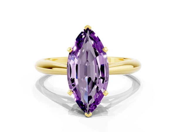 Yellow gold Marquise Cut Amethyst Solitaire Engagement Ring with Cathedral Setting and Four-Prong Mount