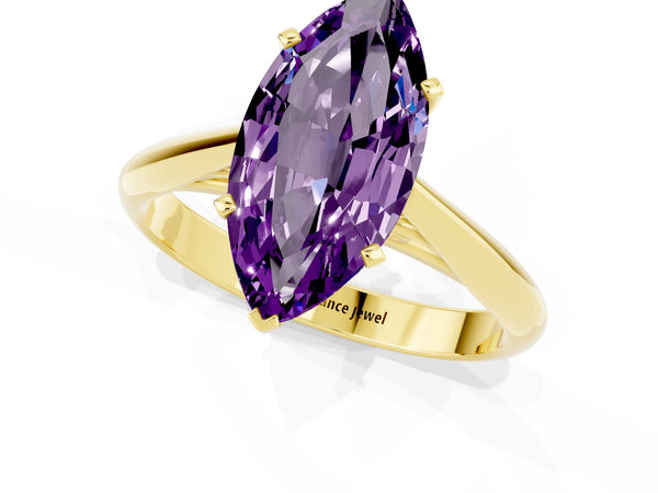 Yellow gold Marquise Cut Amethyst Solitaire Engagement Ring with Cathedral Setting and Four-Prong Mount