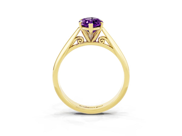 Yellow gold Marquise Cut Amethyst Solitaire Engagement Ring with Cathedral Setting and Four-Prong Mount