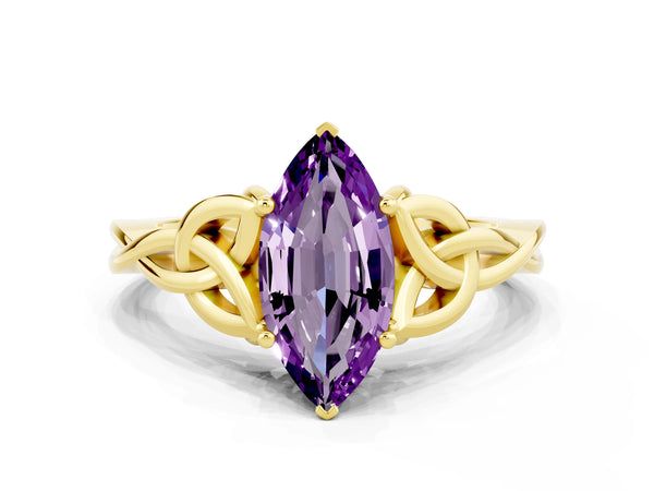 Yellow gold Marquise Cut Amethyst Solitaire Engagement Ring with Celtic Knot Band and Four-Prong Setting