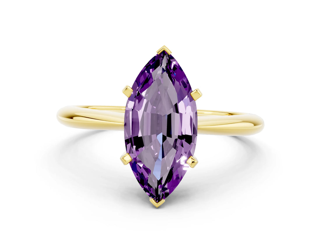 Yellow gold Marquise Cut Amethyst Solitaire Engagement Ring with Classic Band and Four-Prong Setting_24