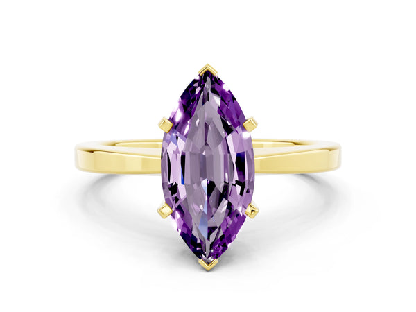 Yellow gold Marquise Cut Amethyst Solitaire Engagement Ring with Classic Band and Four-Prong Setting