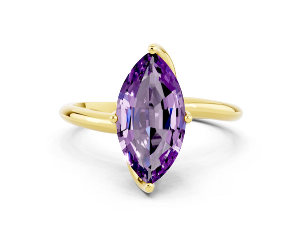 Yellow gold Marquise Cut Amethyst Solitaire Engagement Ring with Four-Prong Setting and Classic Band