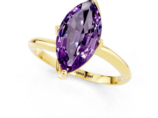 Yellow gold Marquise Cut Amethyst Solitaire Engagement Ring with Four-Prong Setting and Classic Band