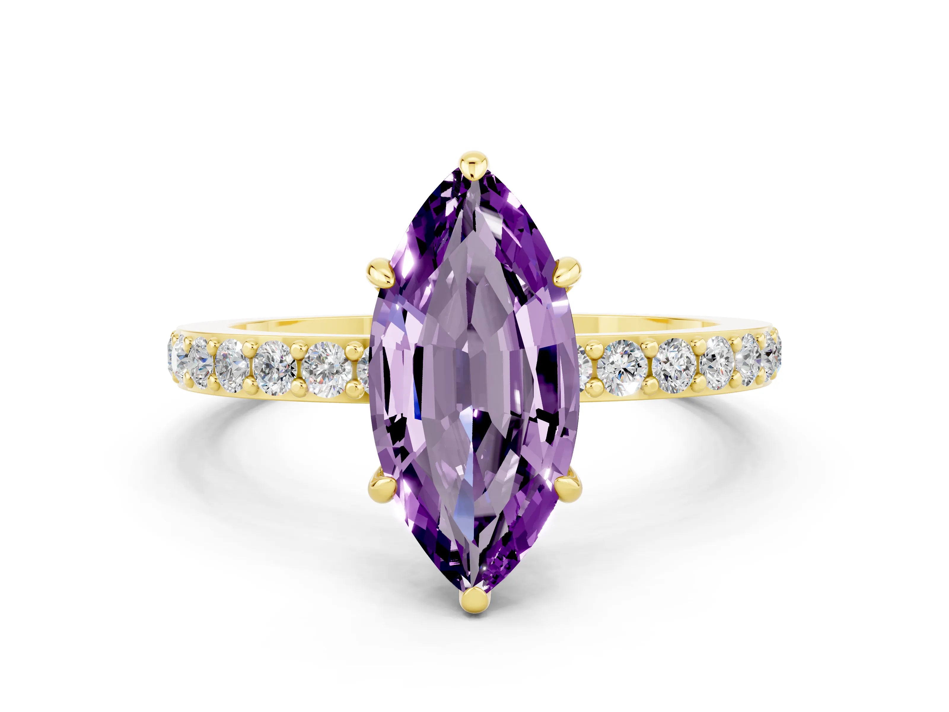 Yellow gold Marquise Cut Amethyst Solitaire Engagement Ring with Pavé Band and Four-Prong Setting