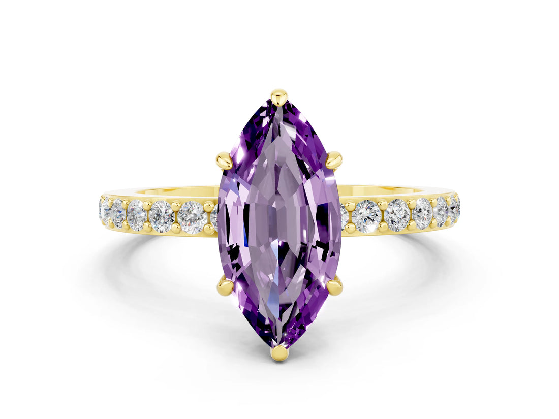 Yellow gold Marquise Cut Amethyst Solitaire Engagement Ring with Pavé Band and Four-Prong Setting