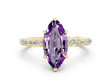 Yellow gold Marquise Cut Amethyst Solitaire Engagement Ring with Pavé Band and Four-Prong Setting