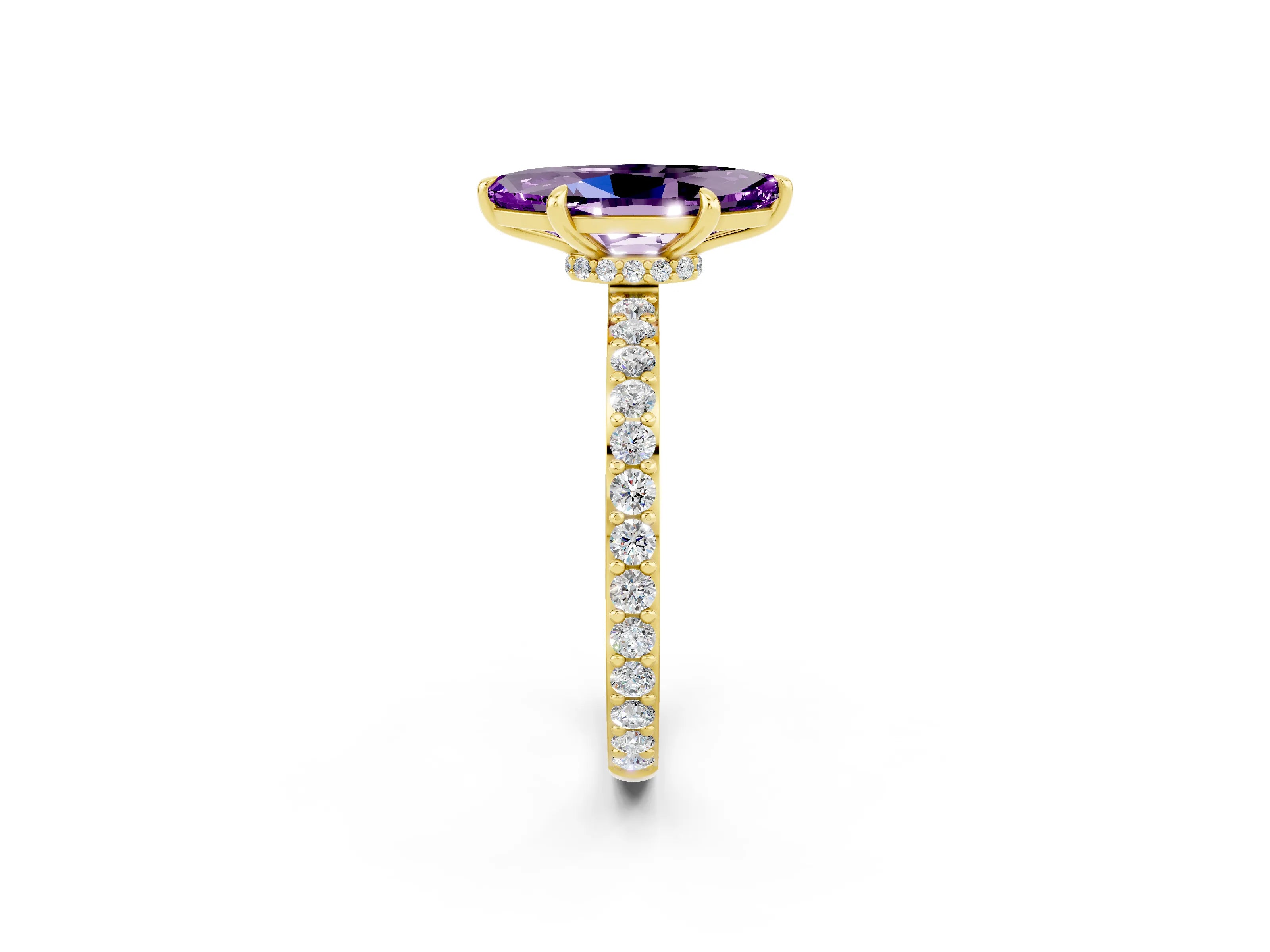 Yellow gold Marquise Cut Amethyst Solitaire Engagement Ring with Pavé Band and Four-Prong Setting_2