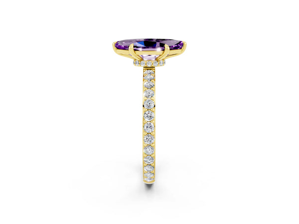 Yellow gold Marquise Cut Amethyst Solitaire Engagement Ring with Pavé Band and Four-Prong Setting