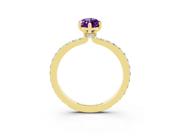 Yellow gold Marquise Cut Amethyst Solitaire Engagement Ring with Pavé Band and Four-Prong Setting
