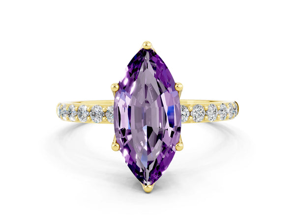 Yellow gold Marquise Cut Amethyst Solitaire Engagement Ring with Round  Pavé Band and Prong Setting