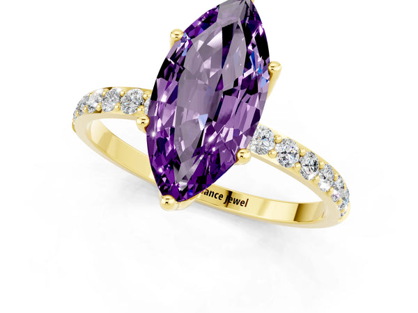 Yellow gold Marquise Cut Amethyst Solitaire Engagement Ring with Round  Pavé Band and Prong Setting