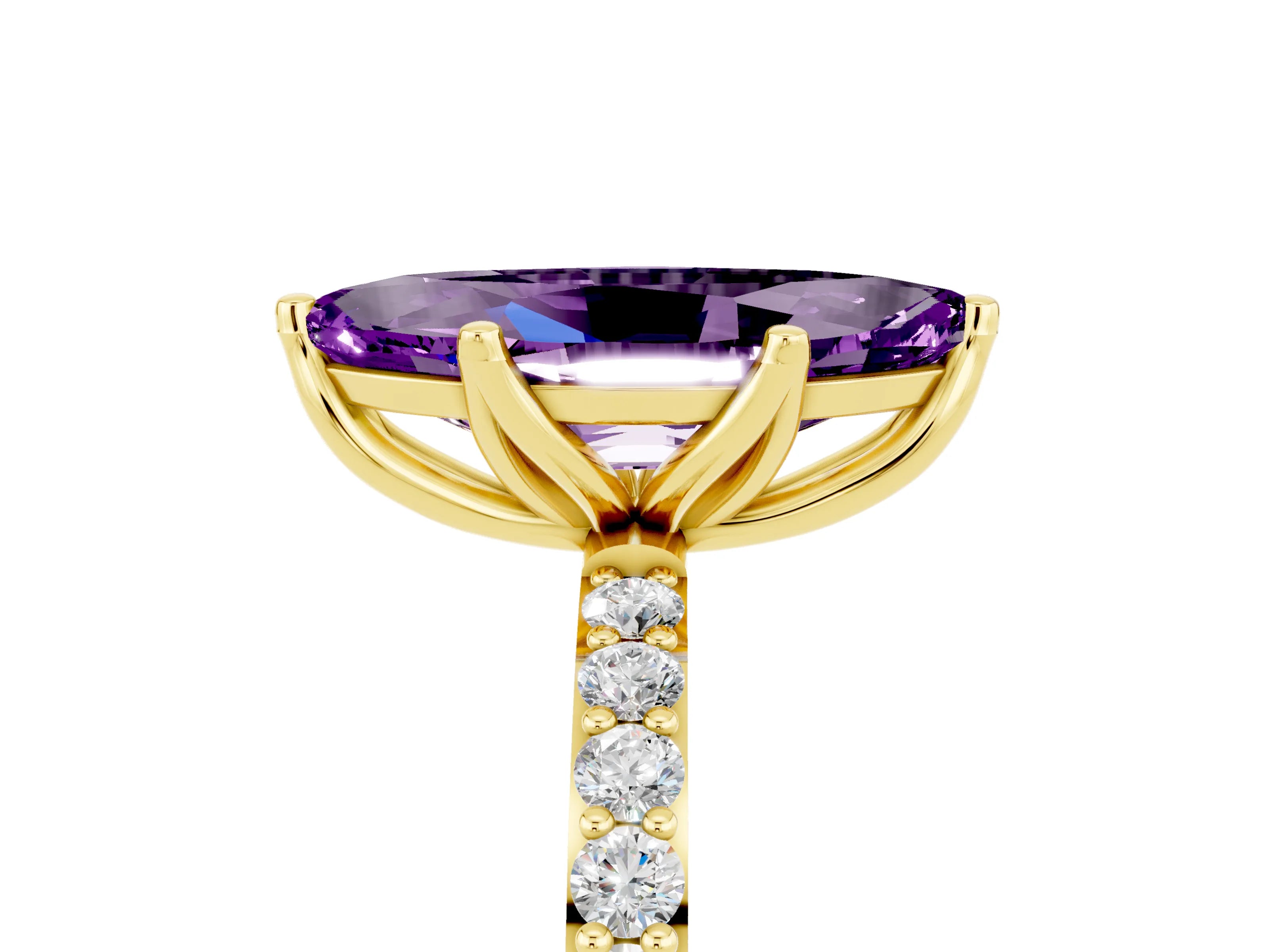 Yellow gold Marquise Cut Amethyst Solitaire Engagement Ring with Pavé Band and Prong Setting_5