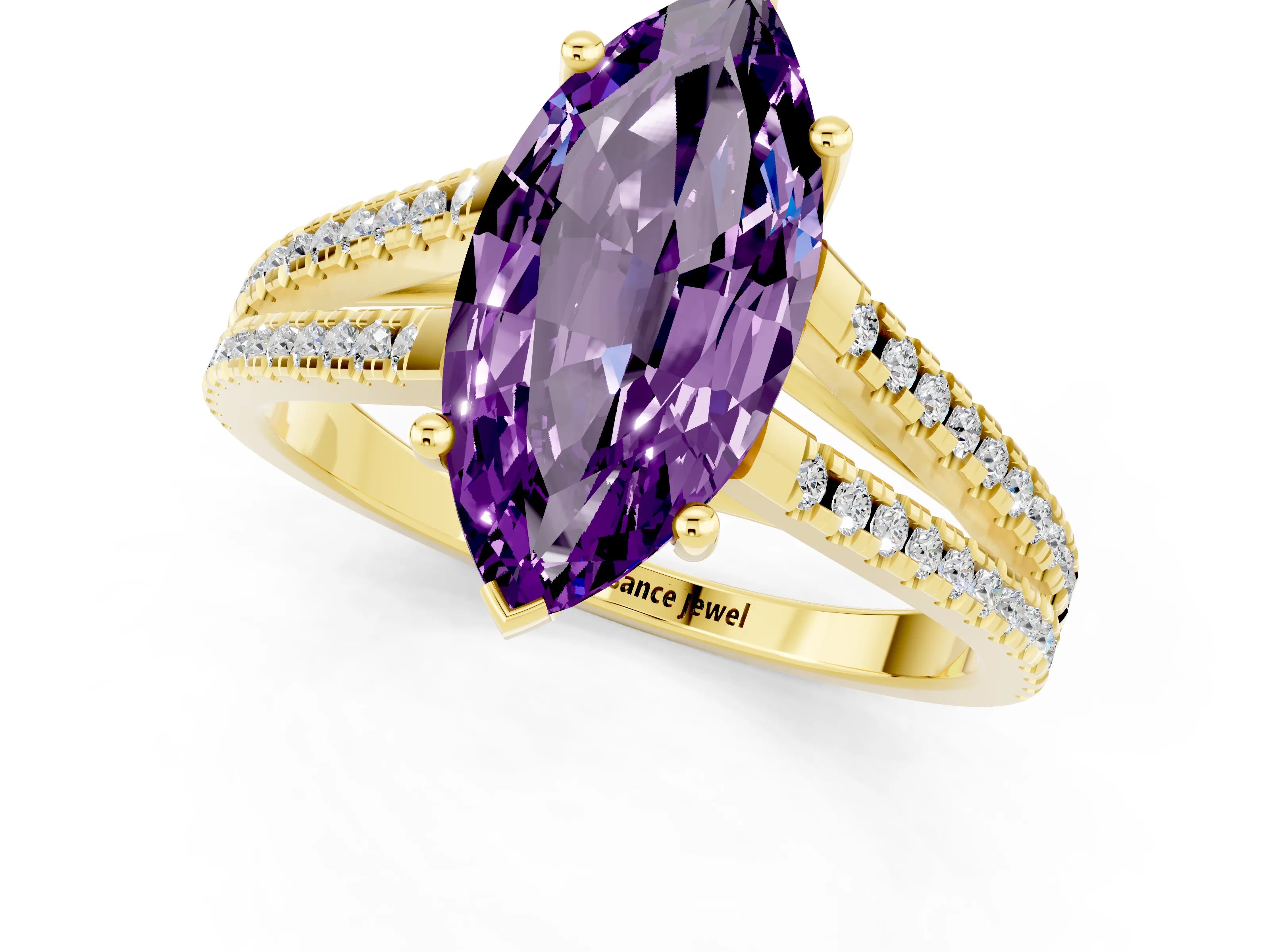 Yellow gold Marquise Cut Amethyst Solitaire Engagement Ring with Split Shank Pavé Band_1