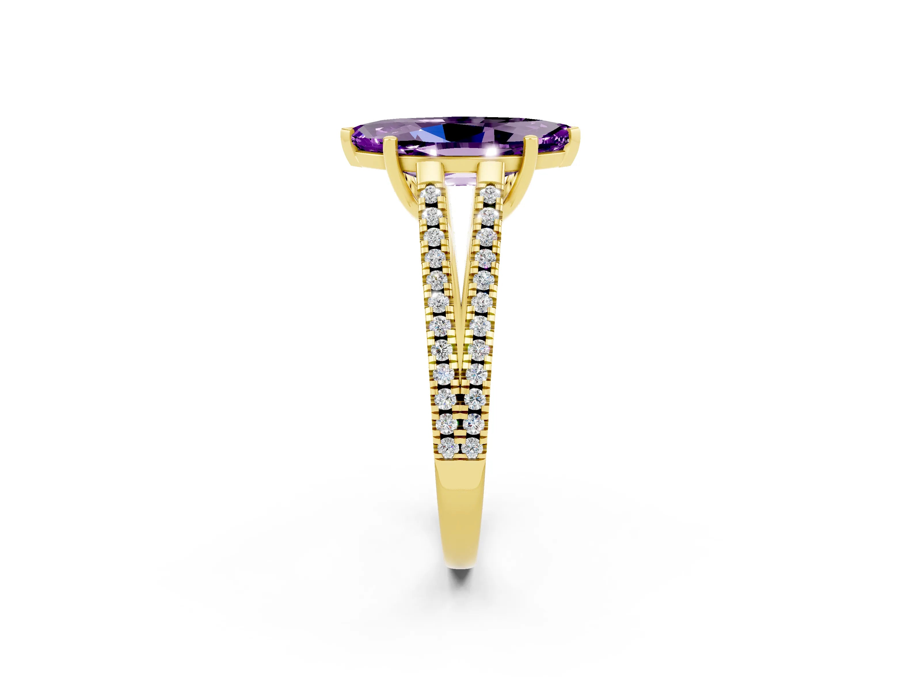 Yellow gold Marquise Cut Amethyst Solitaire Engagement Ring with Split Shank Pavé Band_2