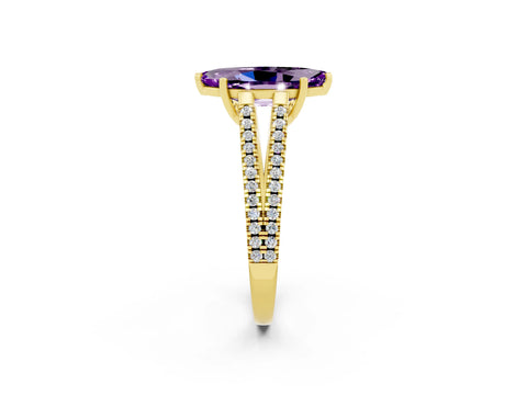 Yellow gold Marquise Cut Amethyst Solitaire Engagement Ring with Split Shank Pavé Band_2