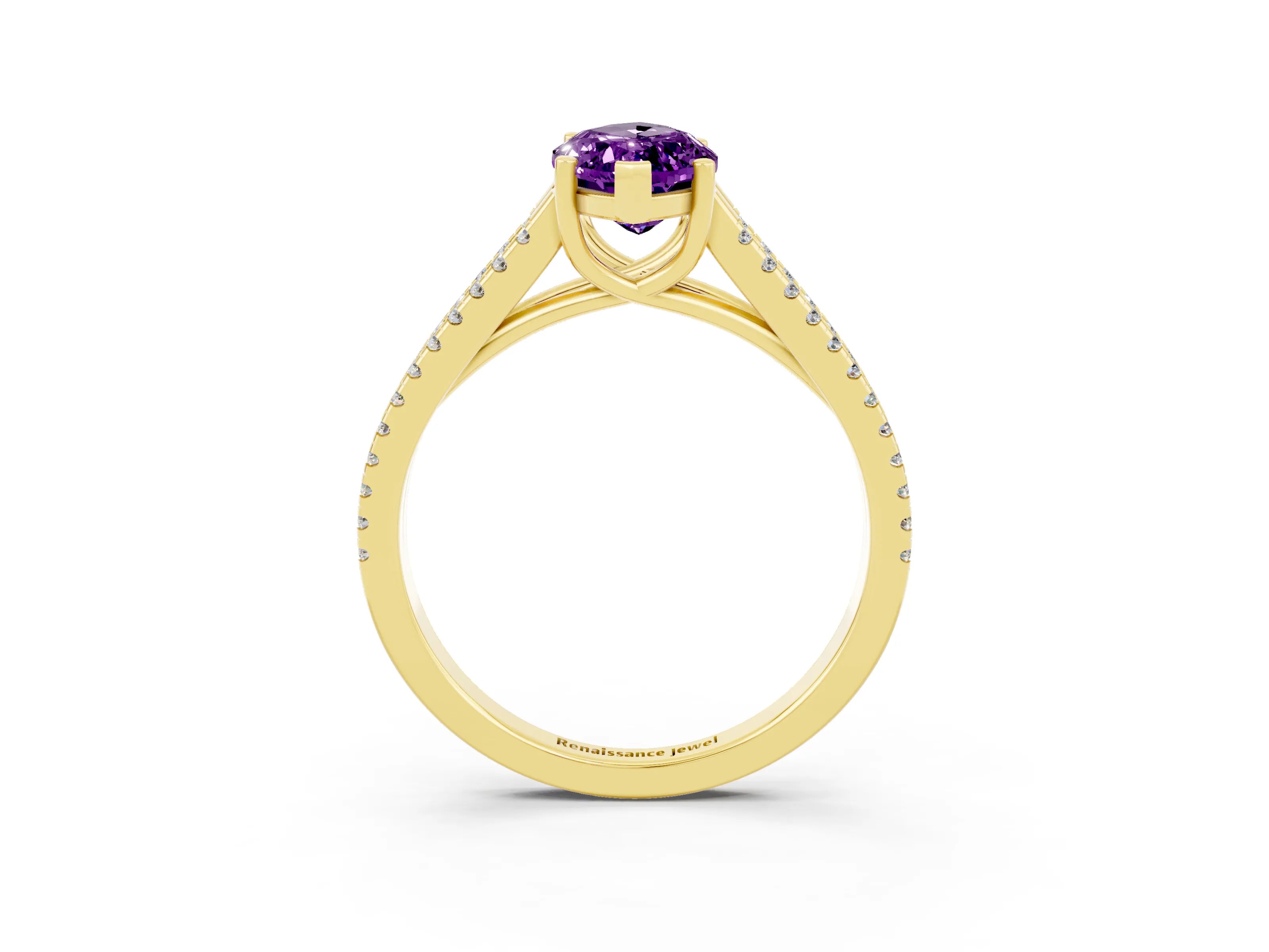 Yellow gold Marquise Cut Amethyst Solitaire Engagement Ring with Split Shank Pavé Band_3