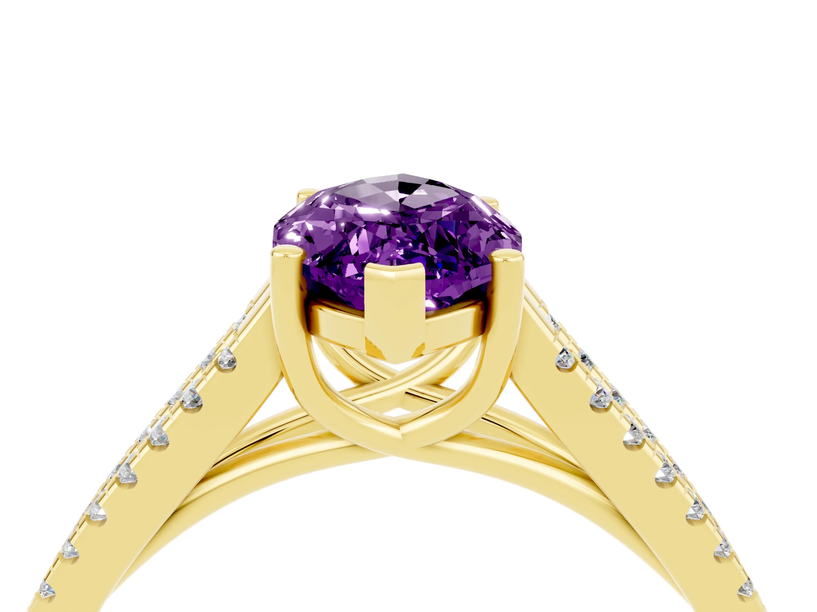 Yellow gold Marquise Cut Amethyst Solitaire Engagement Ring with Split Shank Pavé Band_4