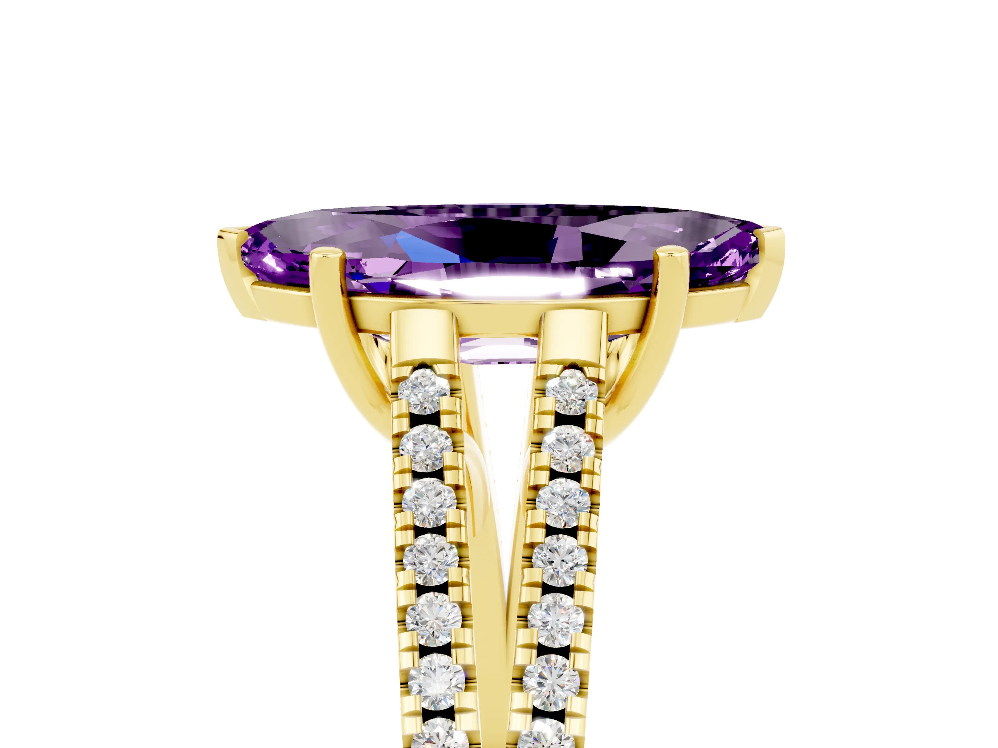Yellow gold Marquise Cut Amethyst Solitaire Engagement Ring with Split Shank Pavé Band_5